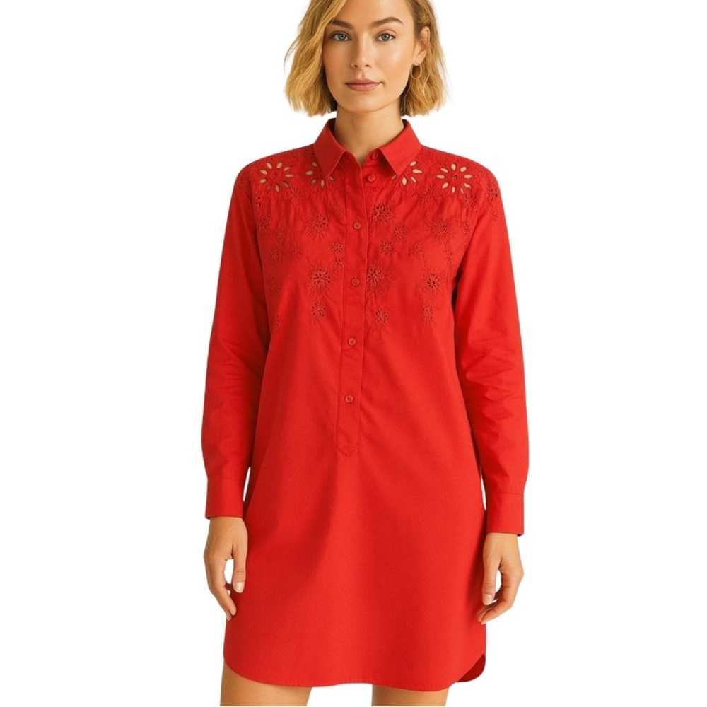 PAULE KA Paris Red Eyelet Cutout Long Sleeve Cotton Shirt Dress US 14 Large 46